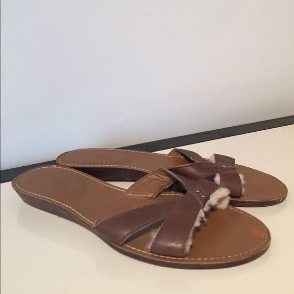 UGG 8 Fur lined leather flip flops sandal brown - Picture 1 of 5